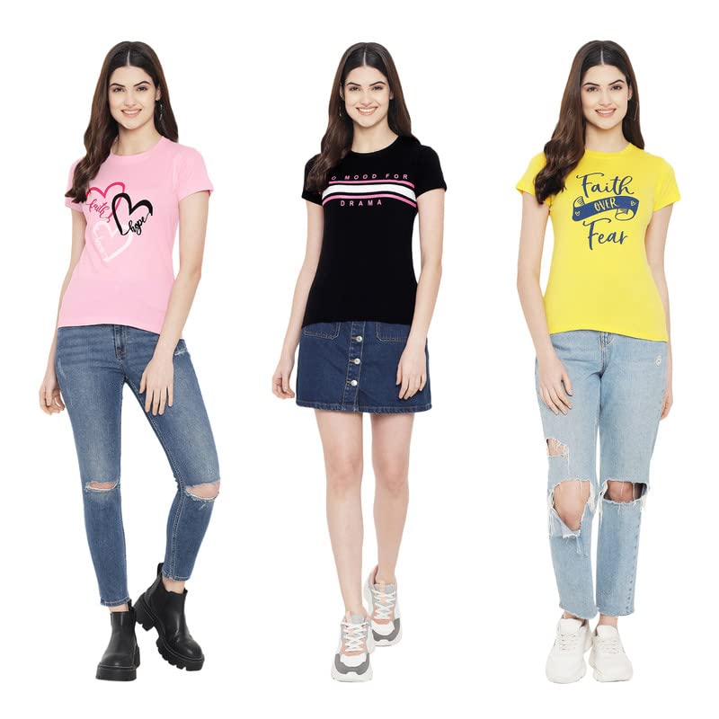 Preneum Womens Cotton Regular Fit Latest Graphic Stylish Printed Short Sleeves Casual T-Shirt || Trend & Style (Pack 3), Pink &