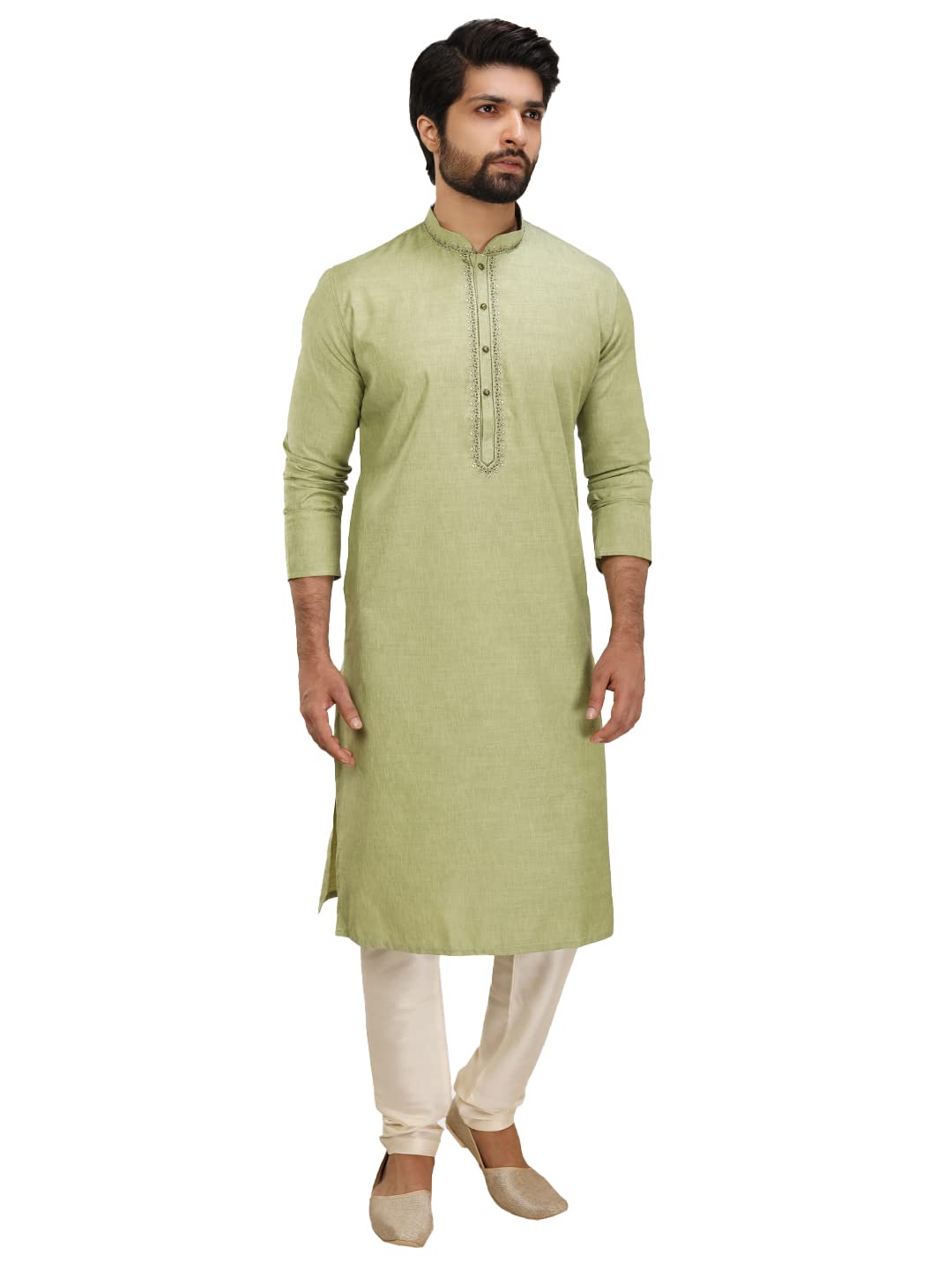 Manyavar Elegant Selfdesign Full Sleeves Kurta And Churidar Set For Men - (Green, Xx-Large)