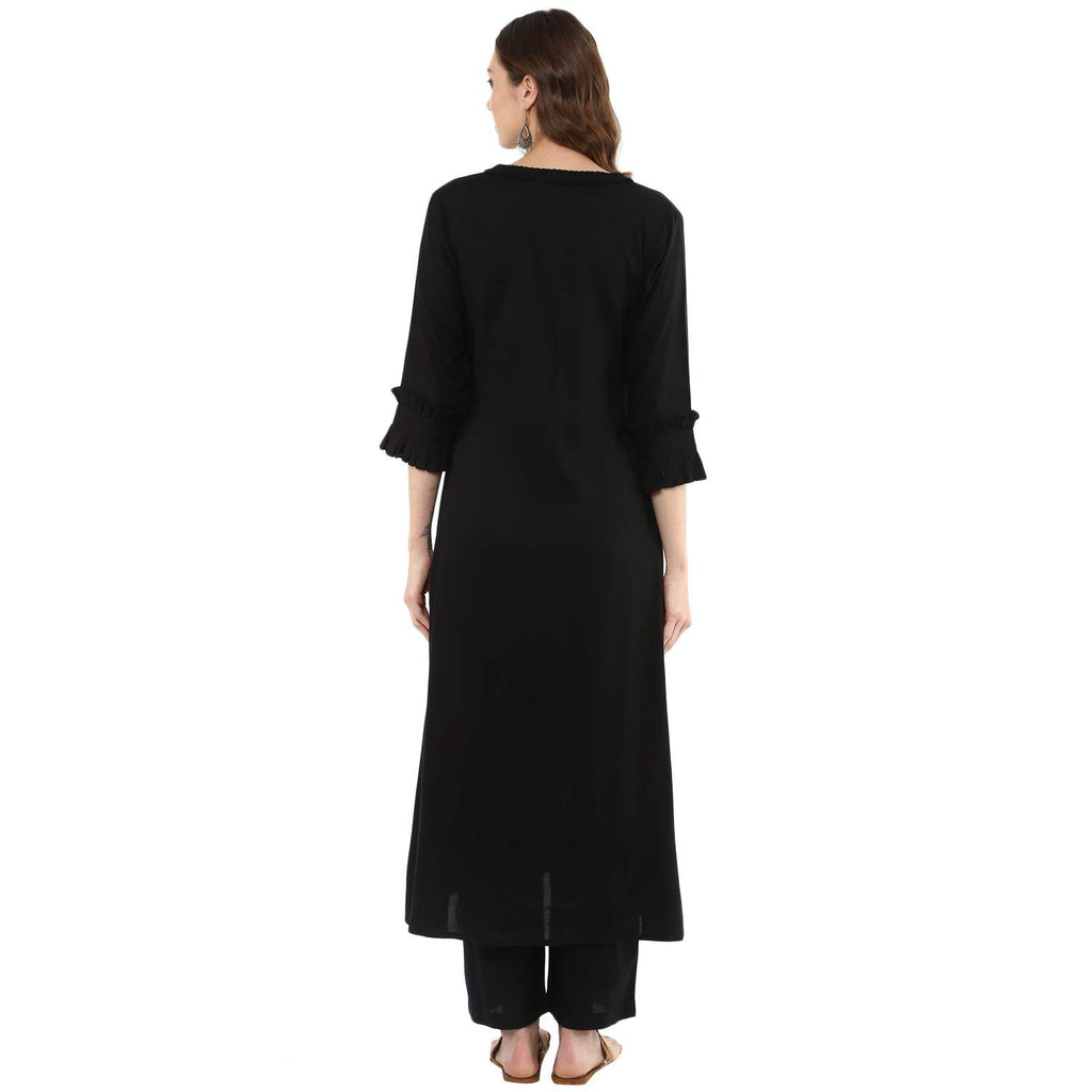 idaLia Rayon Solid A-Line Black Kurta Set for Women Stylish Boat Neck Design Kurta Set with Pant