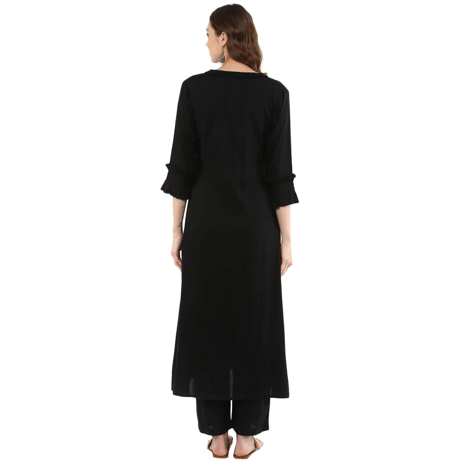 idaLia Rayon Solid A-Line Black Kurta Set for Women Stylish Boat Neck Design Kurta Set with Pant