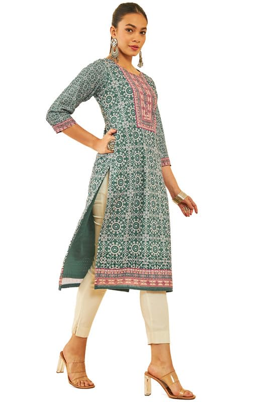 Soch Womens Teal Cotton Floral Printed Kurta With Thread Work & Sequins