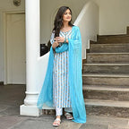 ANNI DESIGNER Womens Cotton Blend Printed Straight Kurta with Pant & Dupatta Pack Of 2 (Combo-Mukhi Pink-April-Sky Blue_L_Multi