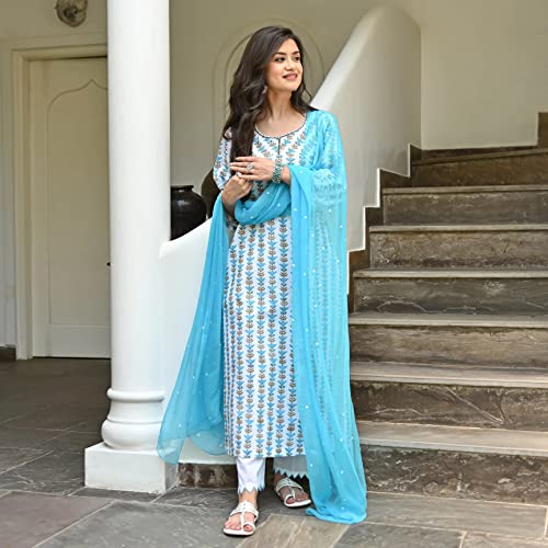 ANNI DESIGNER Womens Cotton Blend Printed Straight Kurta with Pant & Dupatta Pack of 2 (Combo-BAGRU-Yellow-April-Sky Blue_M_Mul