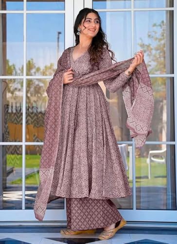 ANNI DESIGNER Womens Rayon Viscose Anarkali Printed Kurta with Palazzo & Dupatta (Sinners Purple_XXL_Purple_XX-Large)