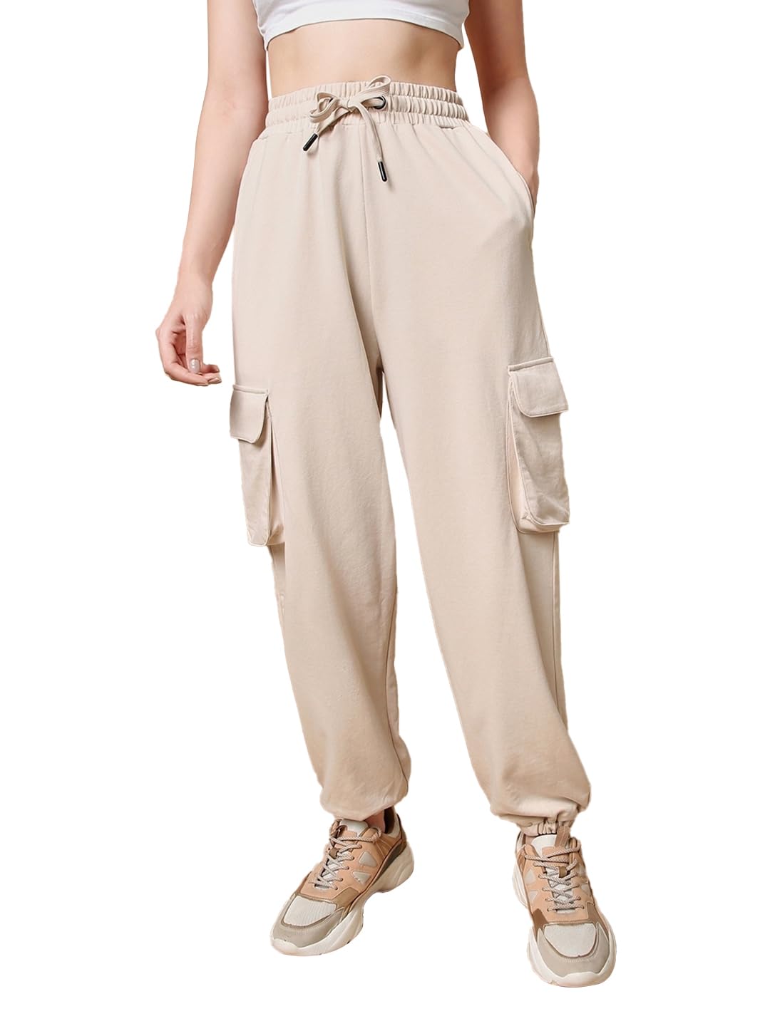 Bewakoof Air 1.0 Womens Solid Oversized Fit Cotton Blend Plus Size Cargo Joggers_585694_Beige_4XL, Mid Rise