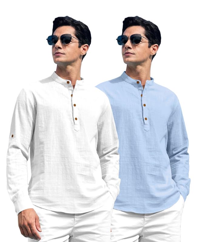 Royalscout Combo Of MenS Solid Cotton Blend Full Sleeve Straight Kurta Shirt (Pack Of 2)
