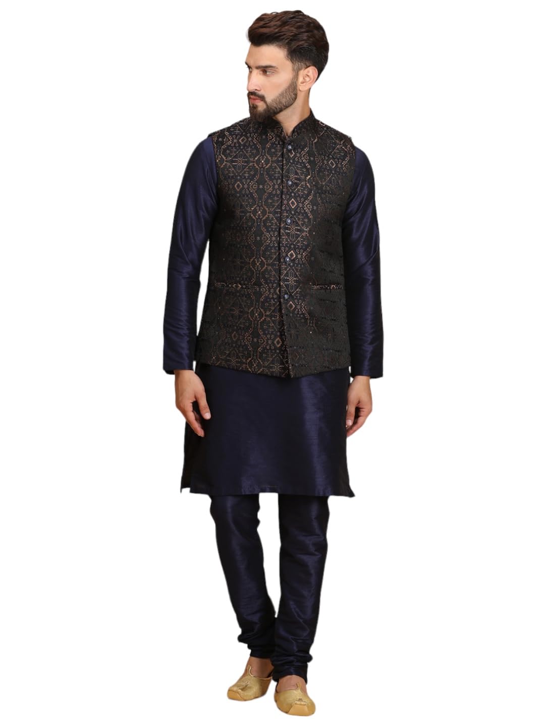 Ethluxis Silk Blend Solid MenS Kurta Set With Nehru Bandhgala Jacket (42, Navy/Navy) 42
