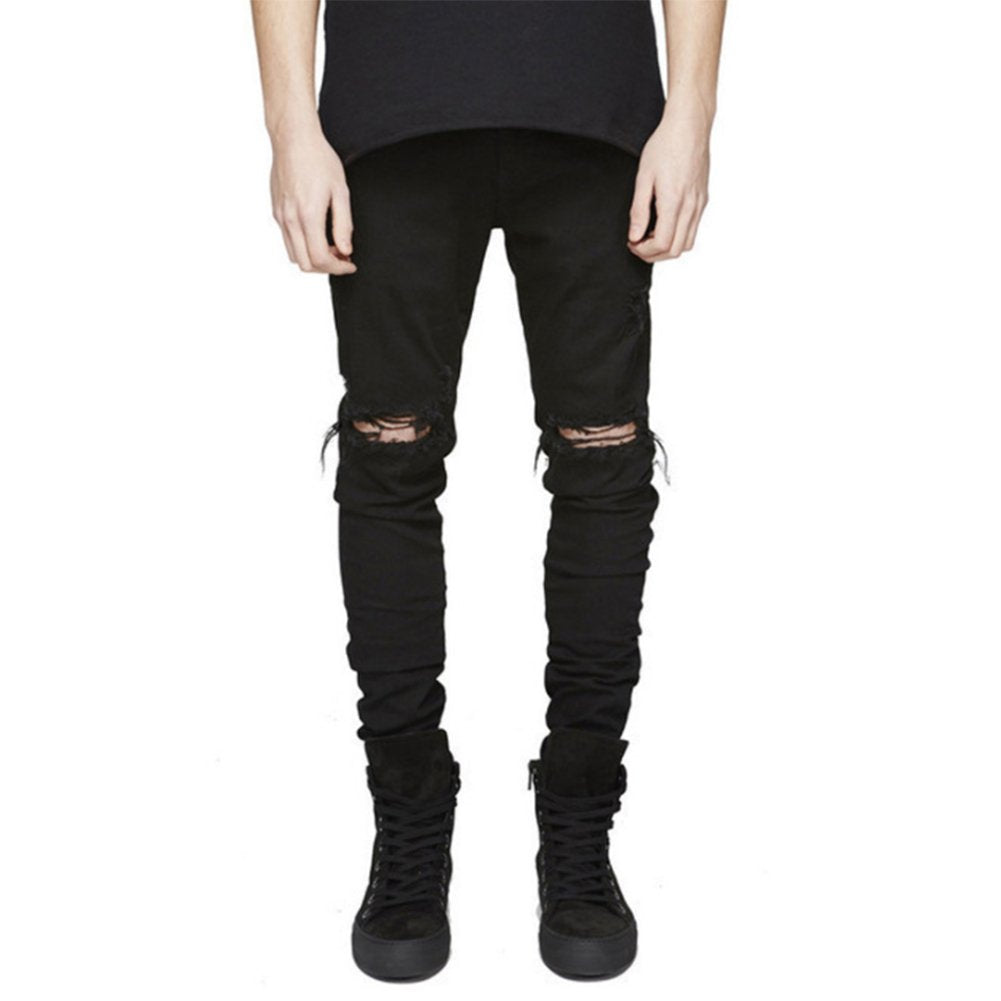 LONGBIDA Men's Slim Fit Ripped Stretch Skinny Jeans for Men, Distressed Tapered Leg Fashion Pants, Black, 34
