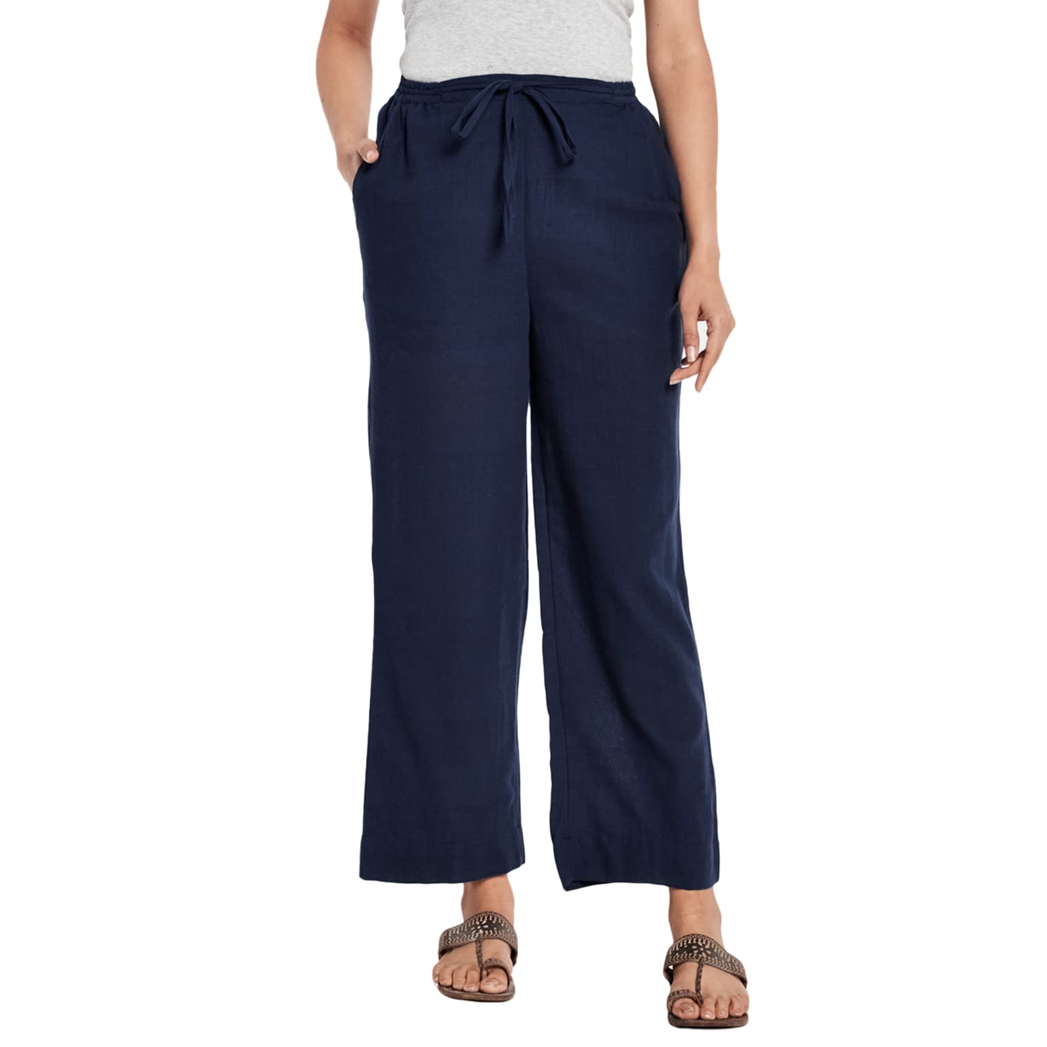 Fabindia Women Bana Drawstring Casual Pant Cotton_M Indigo