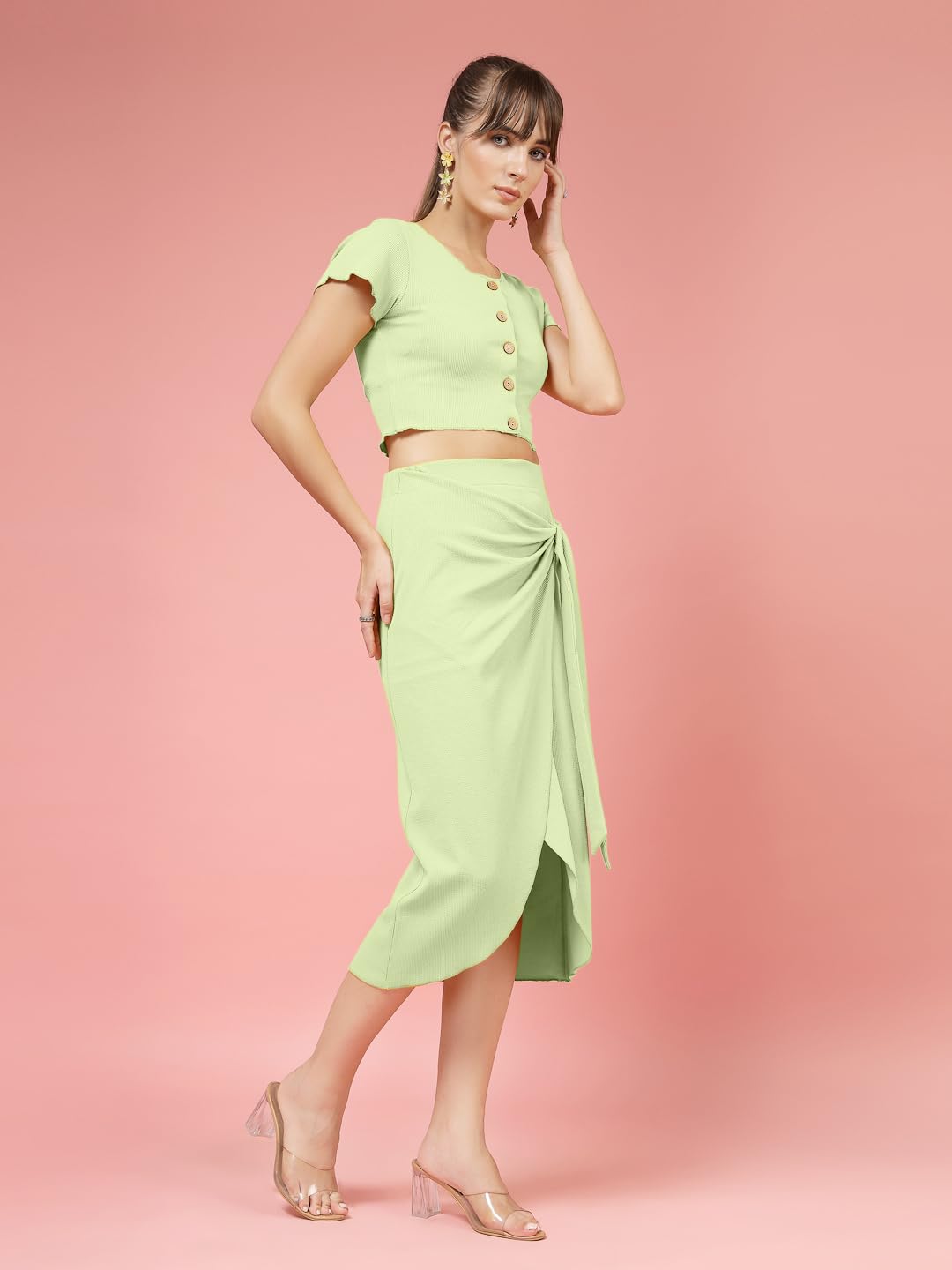 OOMPH! Stretchable Lycra Coord Crop Top and Skirt Set for Women, Green - coord_mt977msk254