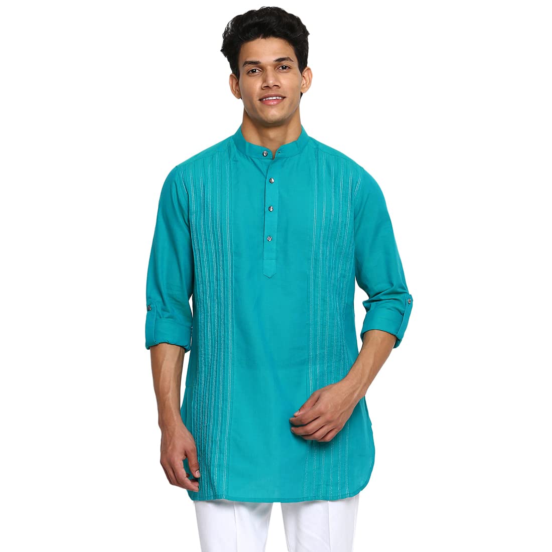 Fabindia Men Cotton Pintucks Short Kurta Teal_M