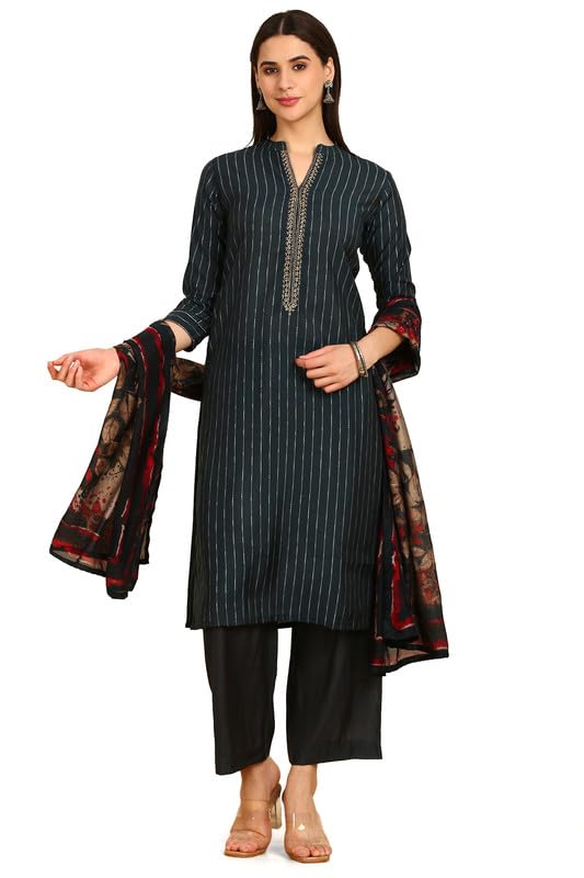 Soch Women Stripes Print Mandarin Collar Muslin Blend Suit Set
