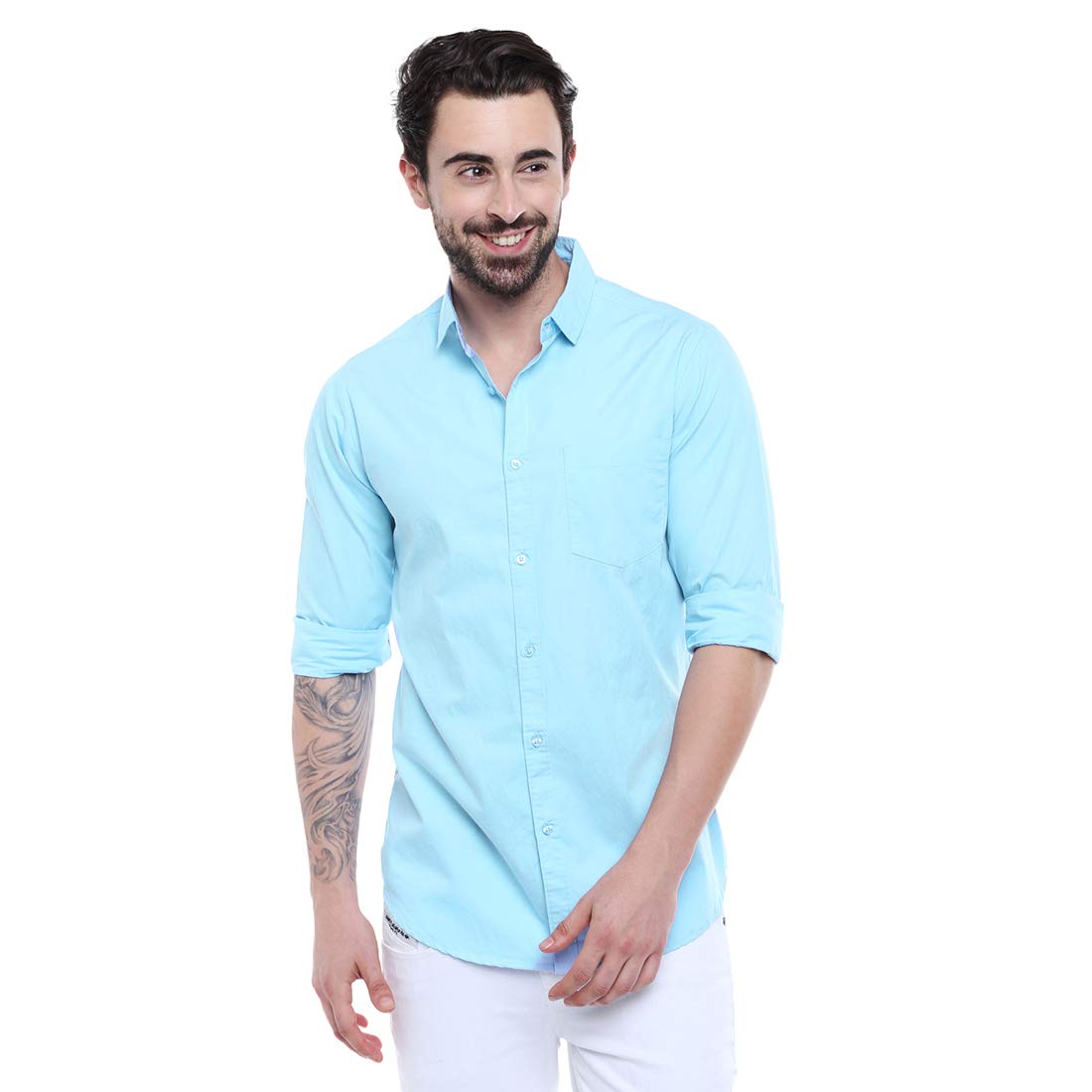 Dennis Lingo Men s Cotton Turquoise Blue Solid Casual Shirt (C301_Tblue_XL)