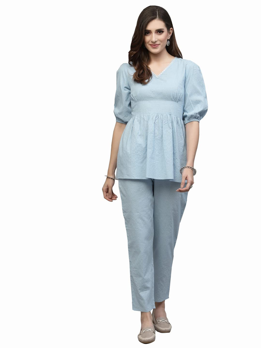 Stylum Women s Self Woven Kantha Cotton Cord Set (SKYKATHACORDS38_Blue, M)
