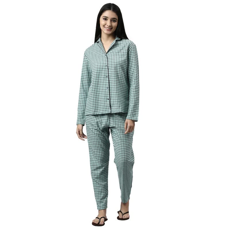 Enamor Essentials Relaxed Fit Cotton Flannel Woven Lazy Full Sleeve Shirt & Mid Rise Pant Set for Womens-EC20 (EC20_Soft Aqua Pl