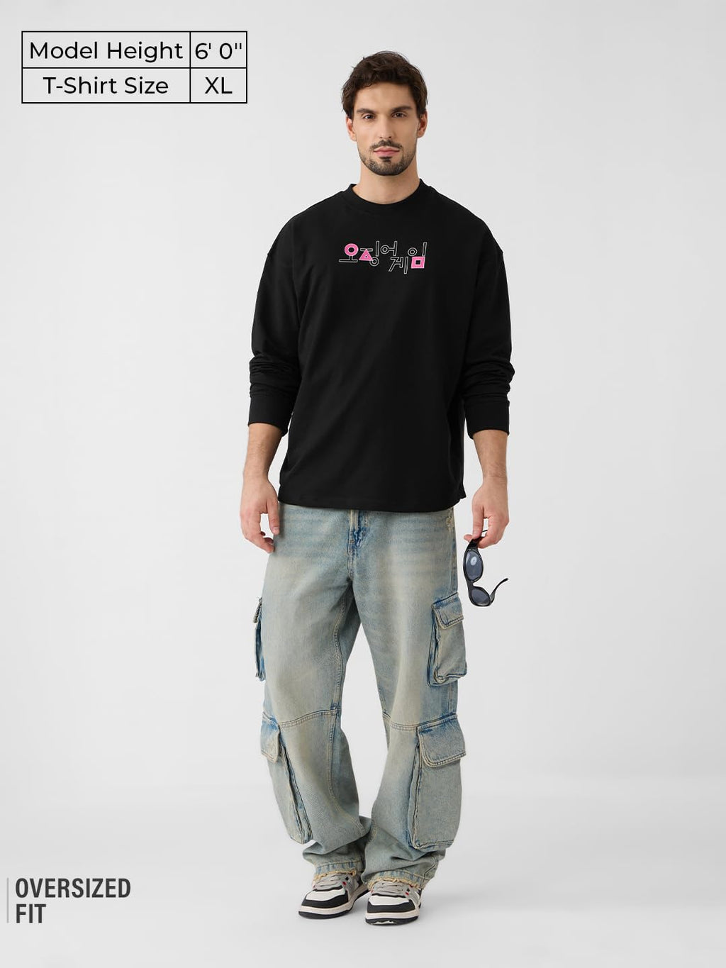 The Souled Store Squid Game: Players Men and Boys Round Neck Black Graphic Printed Cotton Oversized Full Sleeve T-Shirts