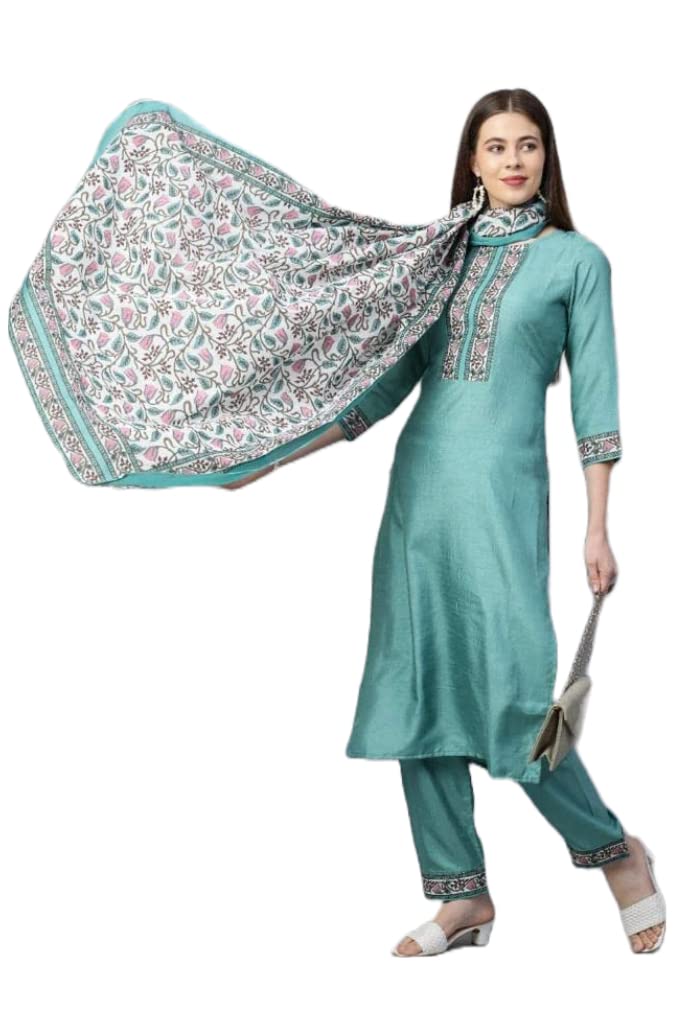Anni Designer Women'S Silk Blend Solid Straight Kurta With Pant & Dupatta (Deal-Sea-Green-Nwst_S_Sea Green_Small)
