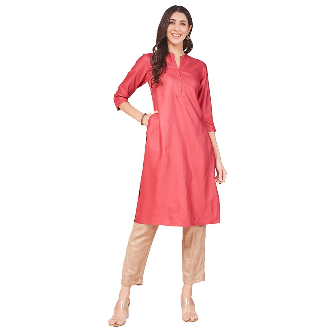 Fabindia Pink Viscose Silk Calf Length Long Kurta