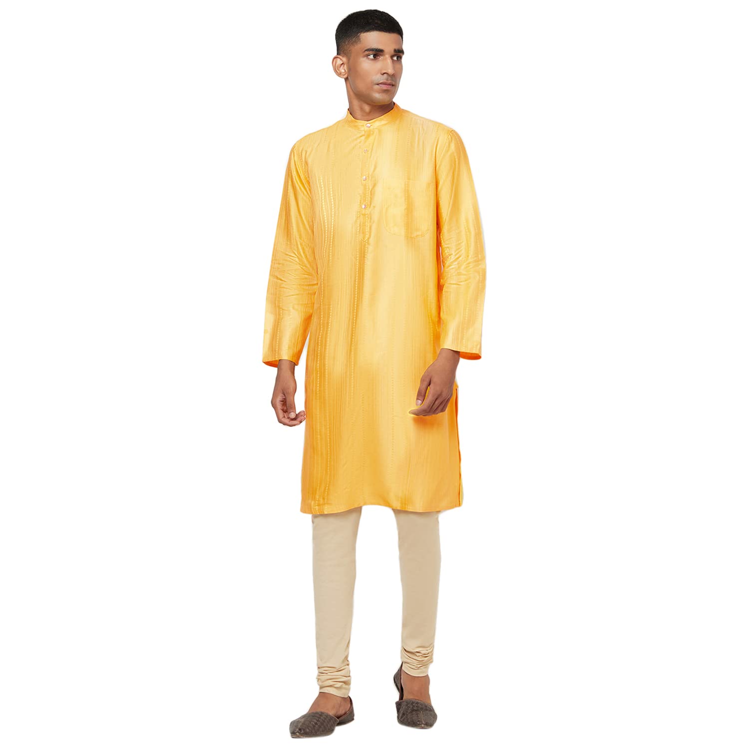 Fabindia MenS Viscose Blend Geometric Comfort Kurta_Yellow_M