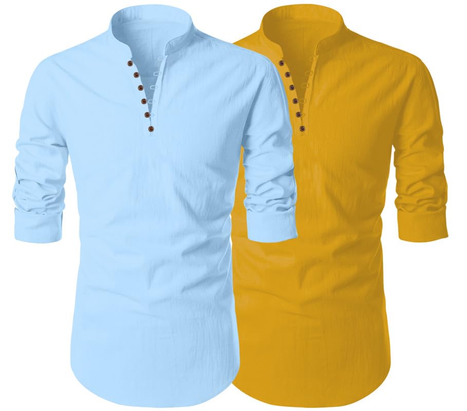 Finivo Fashion MenS Cotton Blend Regular Fit Solid Casual Kurta Shirt Pack Of 2