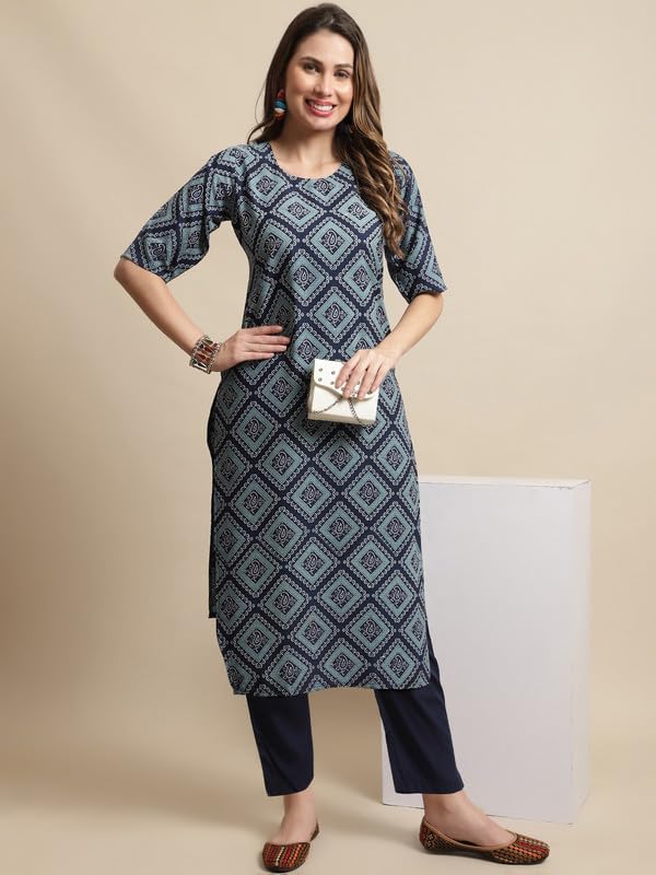 Pinkmint Kurta Set for Women Cotton Printed Knee Length Straight Round Neck Kurti with Pant