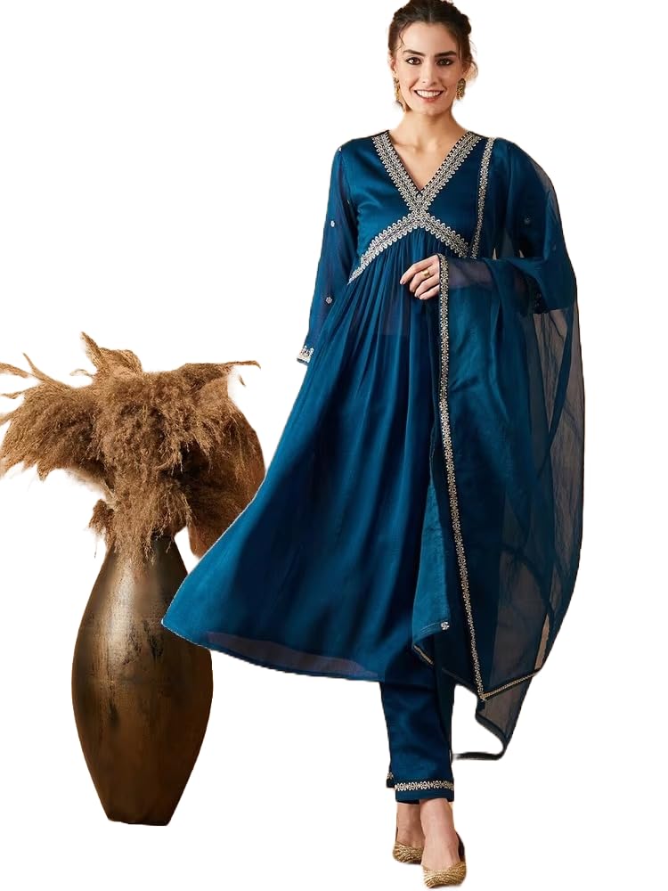 Lookmark WomenS Embroidered Georgette Alia Cut Kurta Pant Dupatta Set - Trendy And Elegant Ethnic Wear For Women (Az-Lm-Og-Ks21