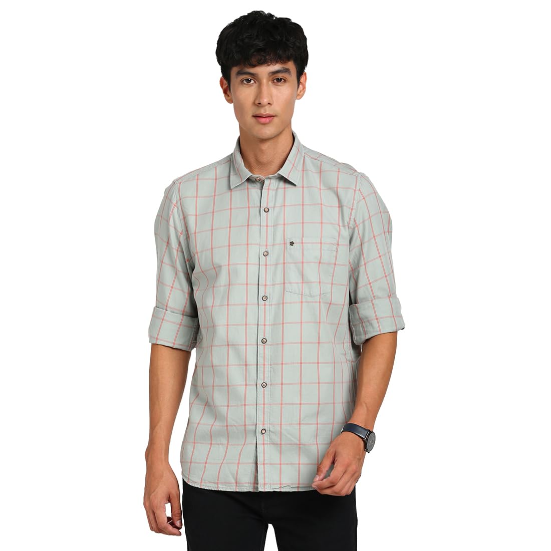 Turtle Men 100% Cotton Grey Check Slim Fit Casual Shirt