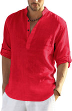 Hemrin MenS Cotton Blend Full Sleeve Short Kurta Shirt With Mandarin Collar Red