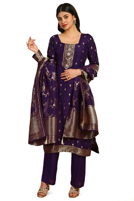 Soch Women Zari Woven Silk Blend Jacquard Unstitched Dress Material
