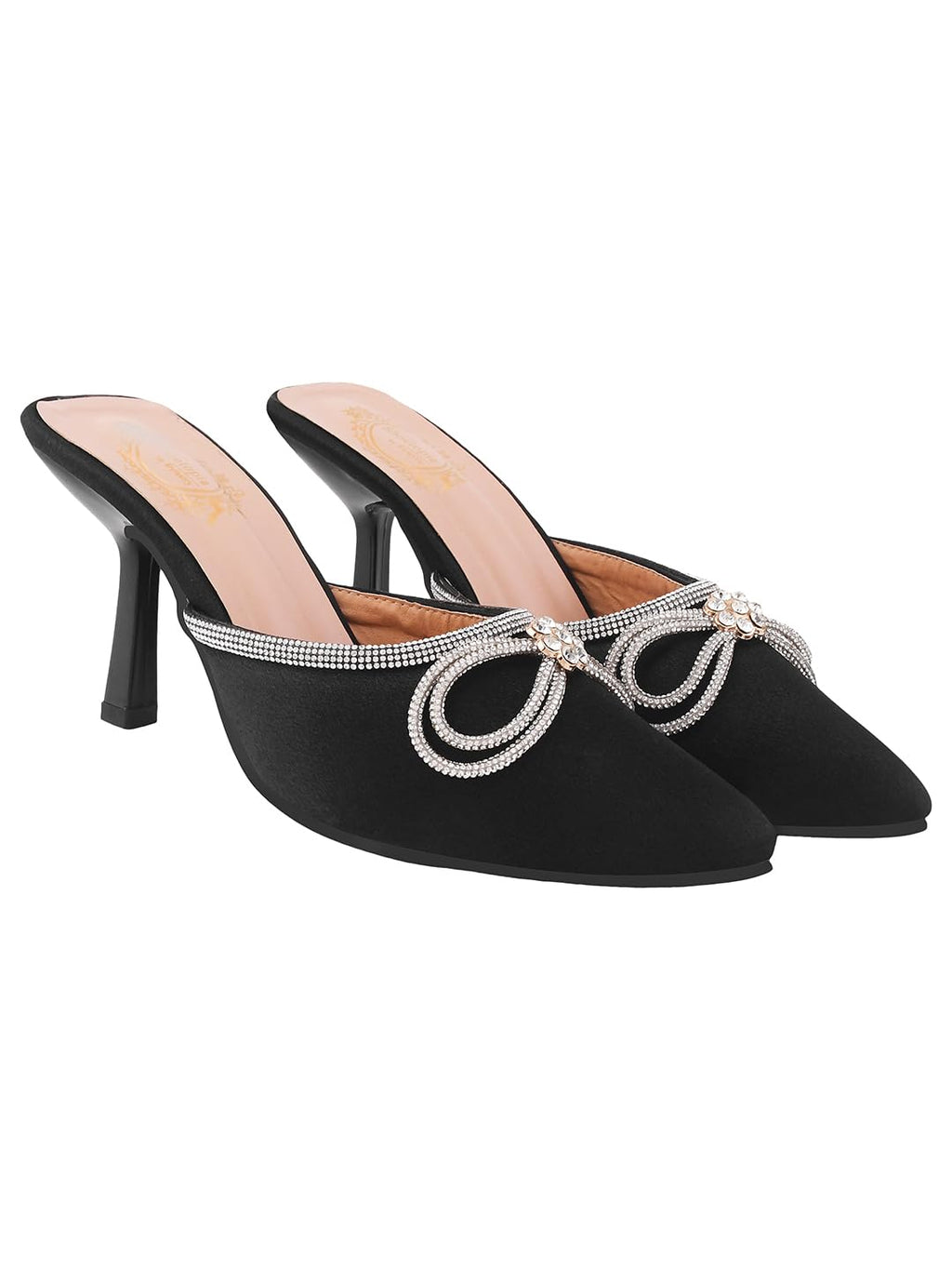 Shoetopia WomenS Black Elegant Ivory Satin Mule Heels With Crystal Bow  Pointed Toe Slip-On Dress Rhinestone For Party Or Eveni