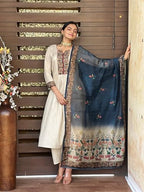 ANNI DESIGNER Womens Rayon Viscose Straight Printed Kurta with Pant & Dupatta (LADKI Cream_L_Cream_Large)