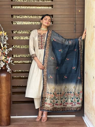 ANNI DESIGNER Womens Rayon Viscose Straight Printed Kurta with Pant & Dupatta (LADKI Cream_L_Cream_Large)