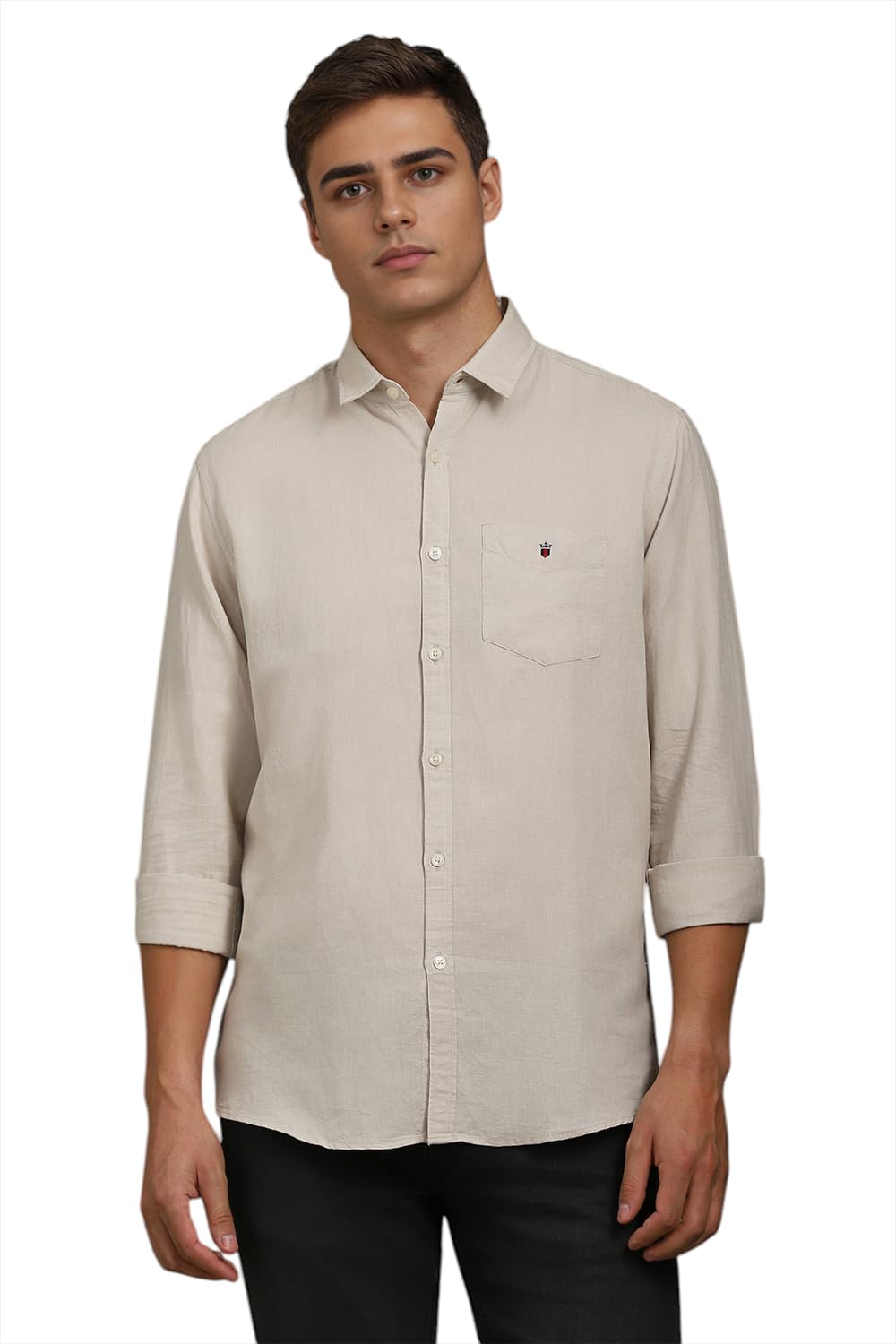 Louis Philippe Men Beige Slim Fit Solid Full Sleeves Casual Shirt