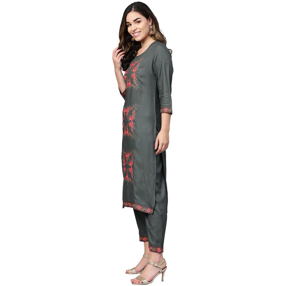 Anubhutee Charcoal Grey Floral Embroidered Straight Kurta Suit Set With Pants For Women