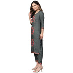 Anubhutee Charcoal Grey Floral Embroidered Straight Kurta Suit Set With Pants For Women