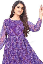 Anveri Textiles WomenS Georgette Fancy Bandhani Printed Gown Kurti With Round Neck 3/4 Sleeves Fit Flared Ankle Length | Maxi D
