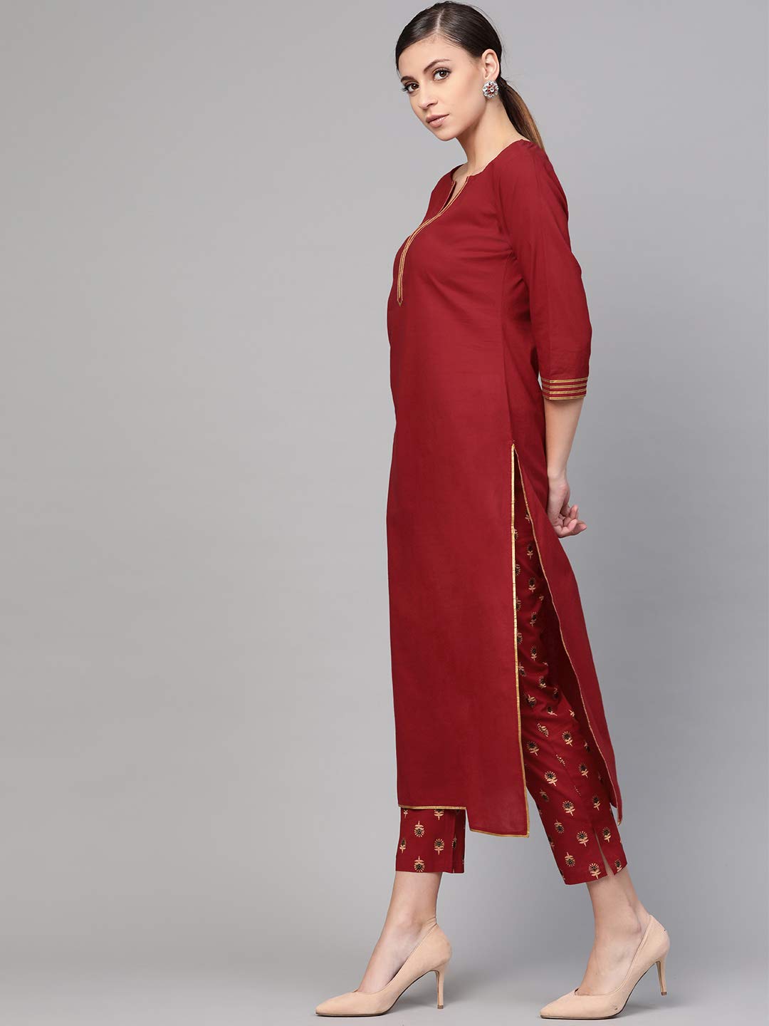 Idalia Women'S Maroon Cotton Kurta With Printed Pants & Dupatta