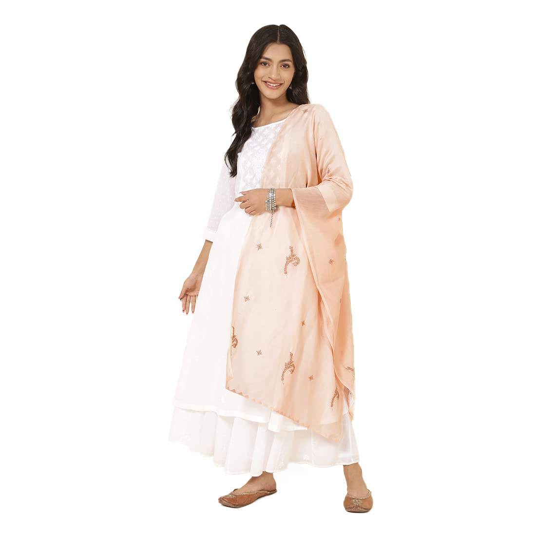 Fabindia Beige Cotton Silk Chikankari Embroidered Stole | Free Size | 1.8M X 56Cm