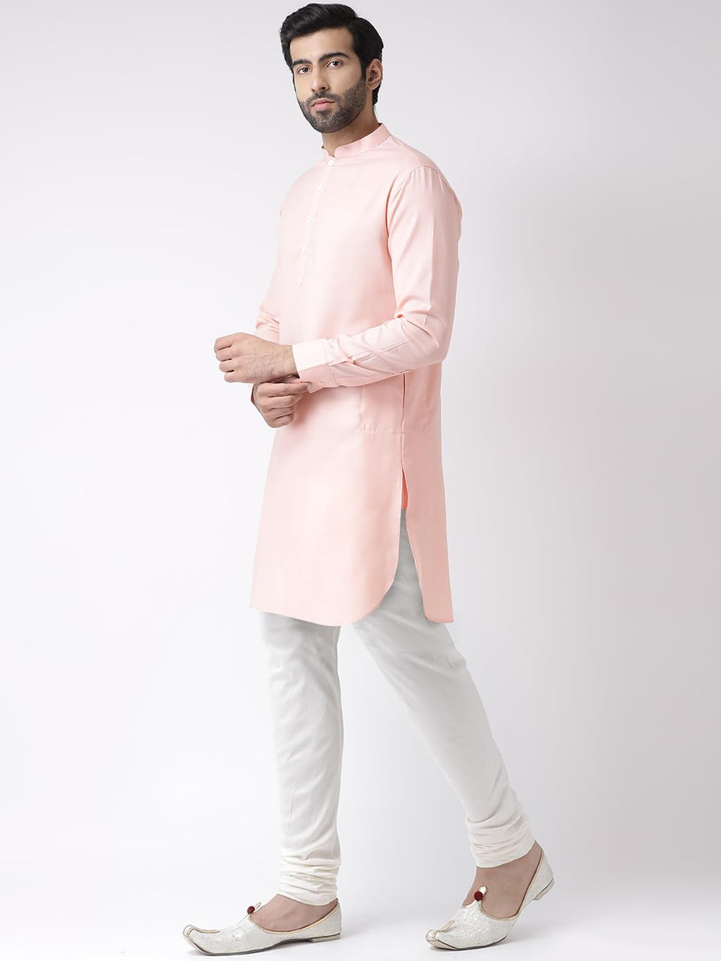 Kisah Men Light Pink Thread Work Kurta Full Sleaves, Knee Length, Straight, Regular Fit, Mandarin Collar Ethnic Wear