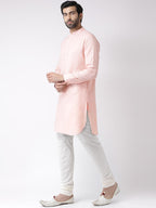 Kisah Men Light Pink Thread Work Kurta Full Sleaves, Knee Length, Straight, Regular Fit, Mandarin Collar Ethnic Wear