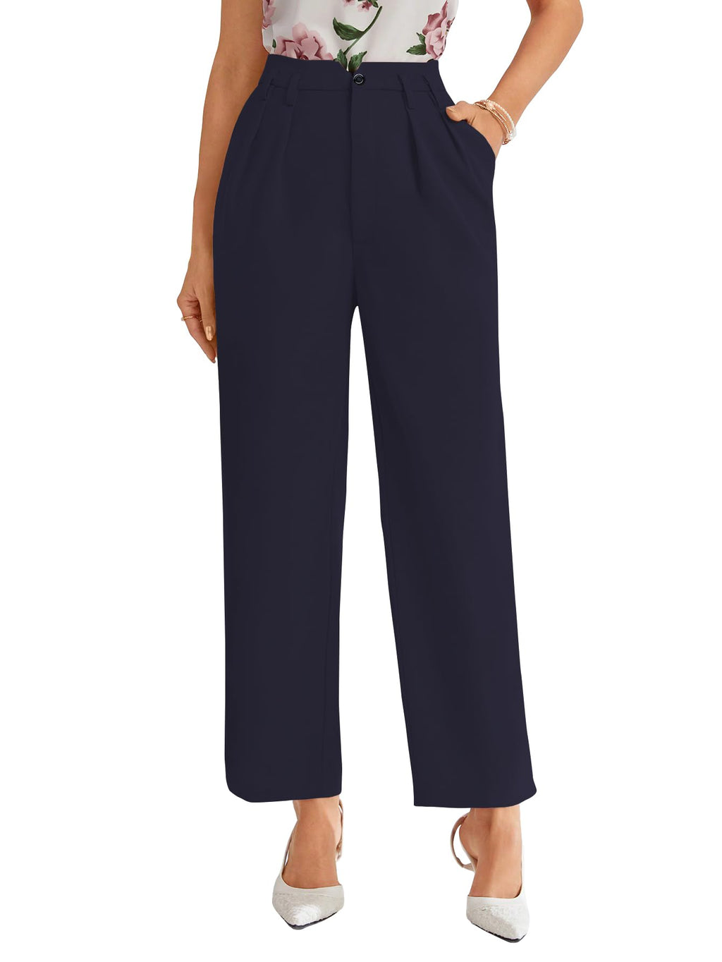 Shasmi Womens Navy Blue High Waist Pleated Straight Leg Trousers  Elegant Solid Color Work Pants with Pockets, Casual Office Wea