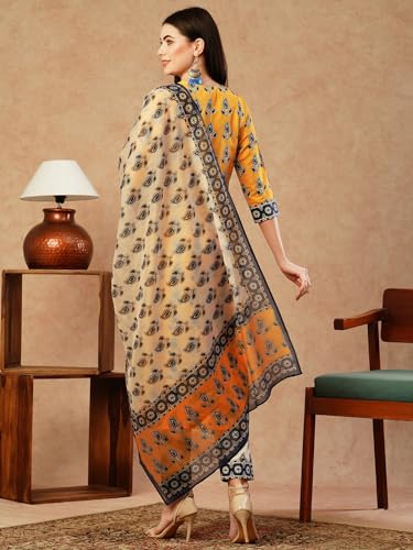 ANNI DESIGNER Womens Cotton Blend Straight Printed Kurta with Pant & Dupatta (Uchiha Mustard-FKA_L_Mustard_Large)
