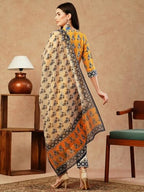 ANNI DESIGNER Womens Cotton Blend Straight Printed Kurta with Pant & Dupatta (Uchiha Mustard-FKA_L_Mustard_Large)