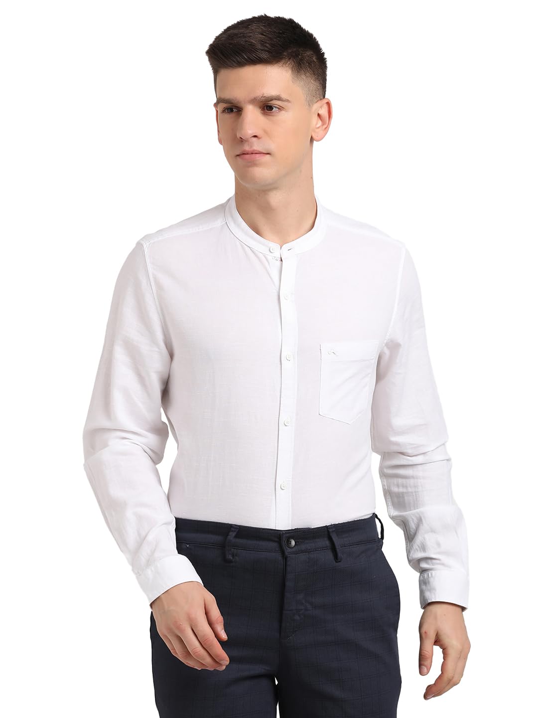 Turtle Men Cotton Linen Regular Fit Solid Full Sleeve White Casual Shirt