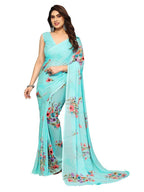Satrani Georgette Womens Geoegette Floral Print Saree With Unstitched Blouse Piece (3112S2155Na_Sky Blue1)