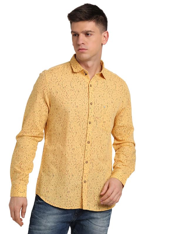 Turtle Men Cotton Linen Slim Fit Casual Printed Yellow Shirt