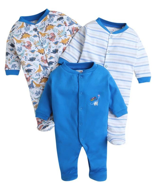 BUMZEE Royal Blue & White Baby Boys Full Sleeves Sleepsuit Pack of 3 Age - New Born (Peb10043A-rbl)