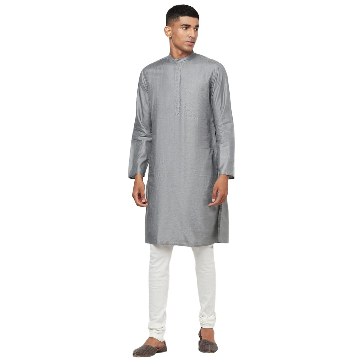 Fabindia Mens Grey Silk Embroidered Slim Fit Long Kurta