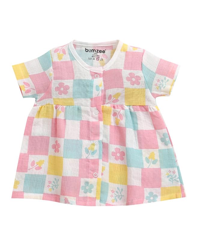 BUMZEE Baby Girls Muslin Cotton Floral Print Above Knee Length Frock/Dress Multi - 3-6 Months (Peb11548C-mlt) Multicolour