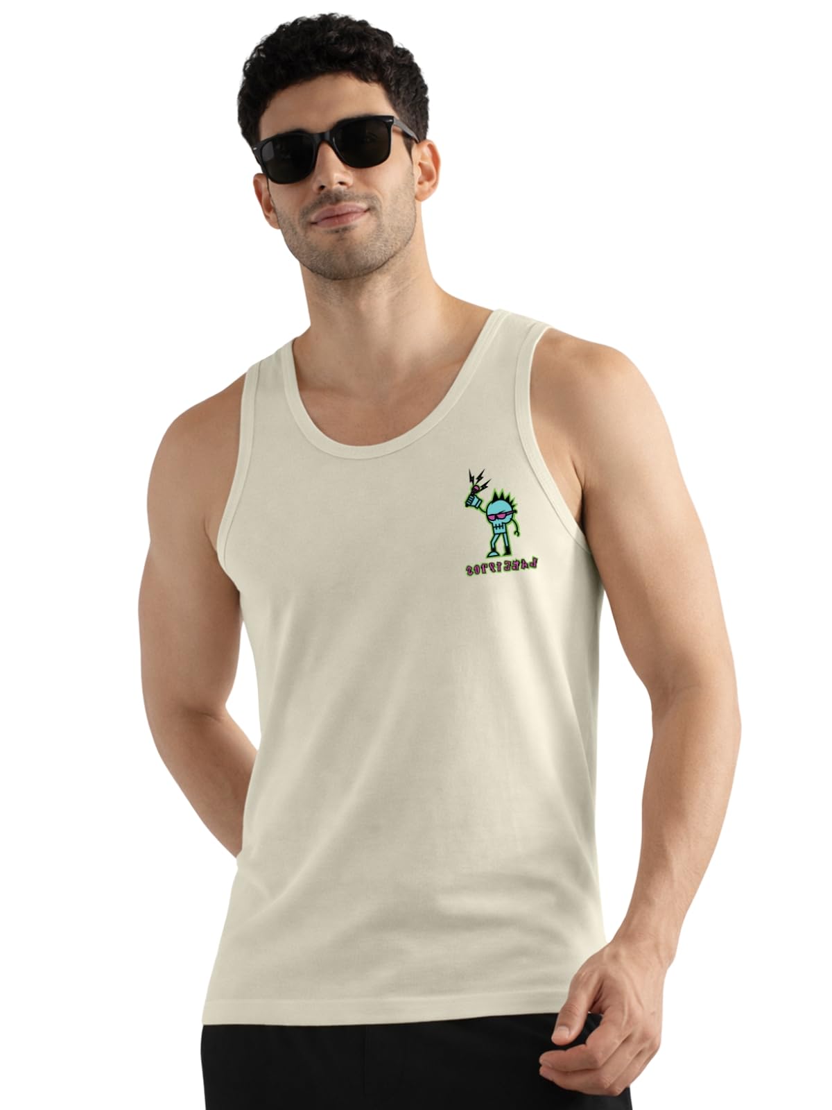 Veirdo Men's 100% Cotton Sleeveless Regular Fit Front Pocket Print Placement Scoop Neck Vest